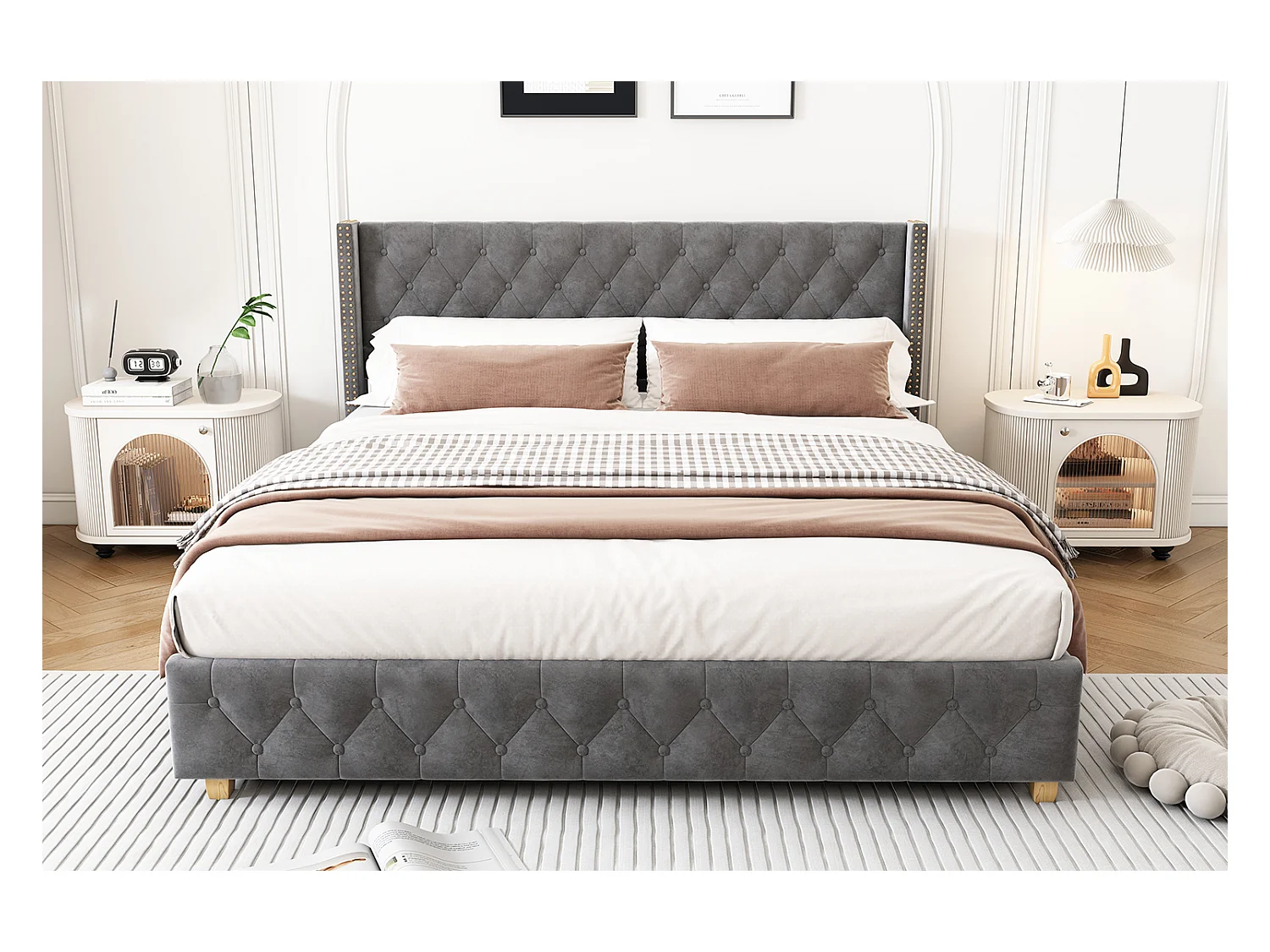 Gepolstertes Bett 140 x 190 cm mit Lattenrost und Kopfteil, geknöpfte Polsterung