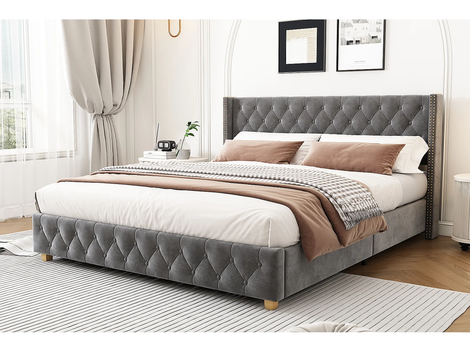 Cama estofada 140x190cm com Estrado de ripas Estrado de ripas e cabeceira,estofo com botões