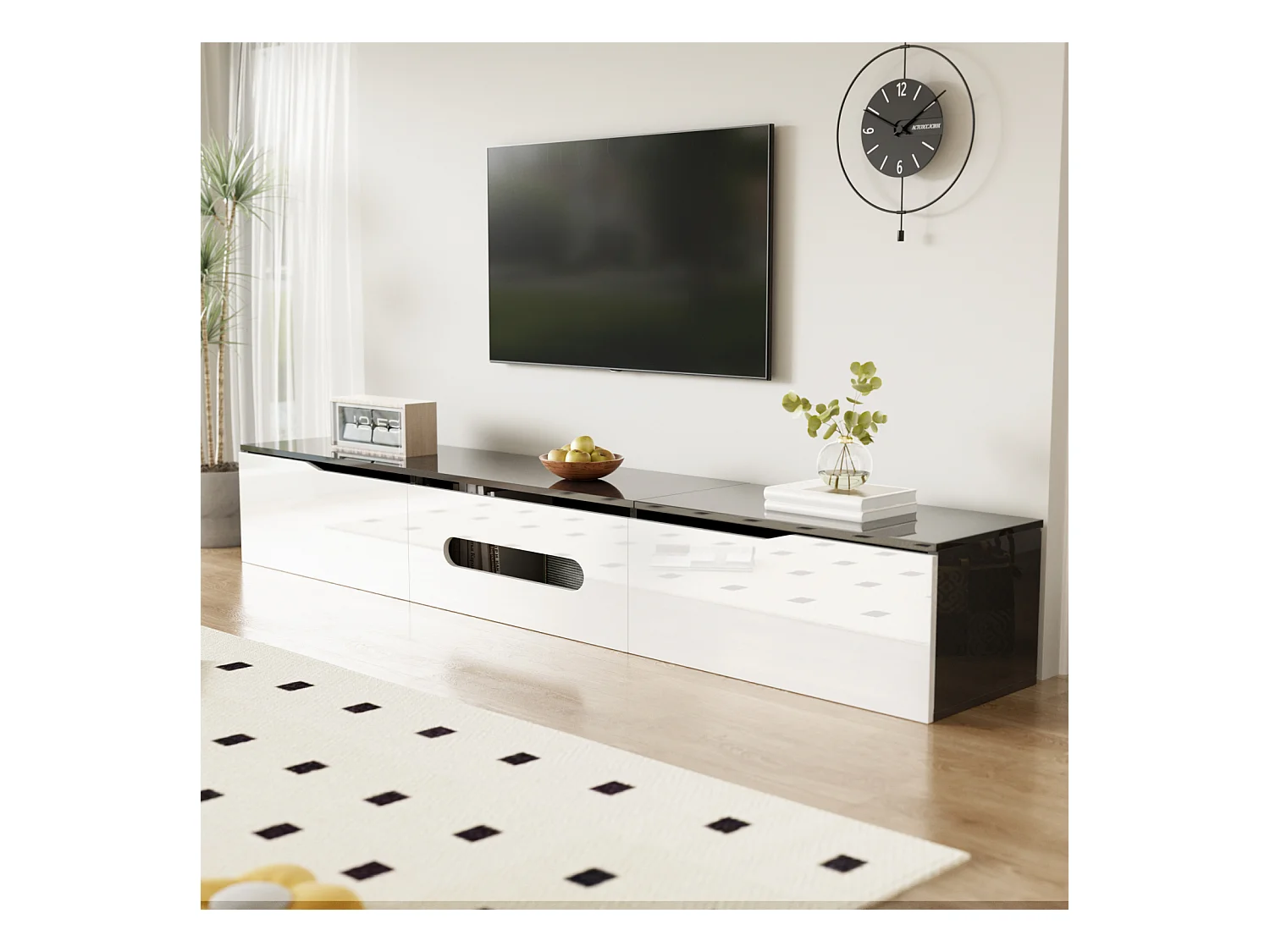 Suporte de TV flutuante, suporte de TV com LED, suporte de TV com 3 portas giratórias, branco + preto