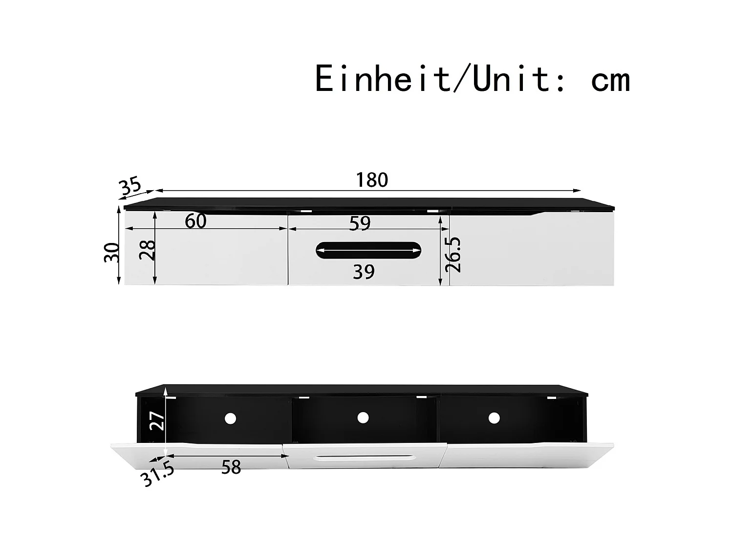 Suporte de TV flutuante, suporte de TV com LED, suporte de TV com 3 portas giratórias, branco + preto