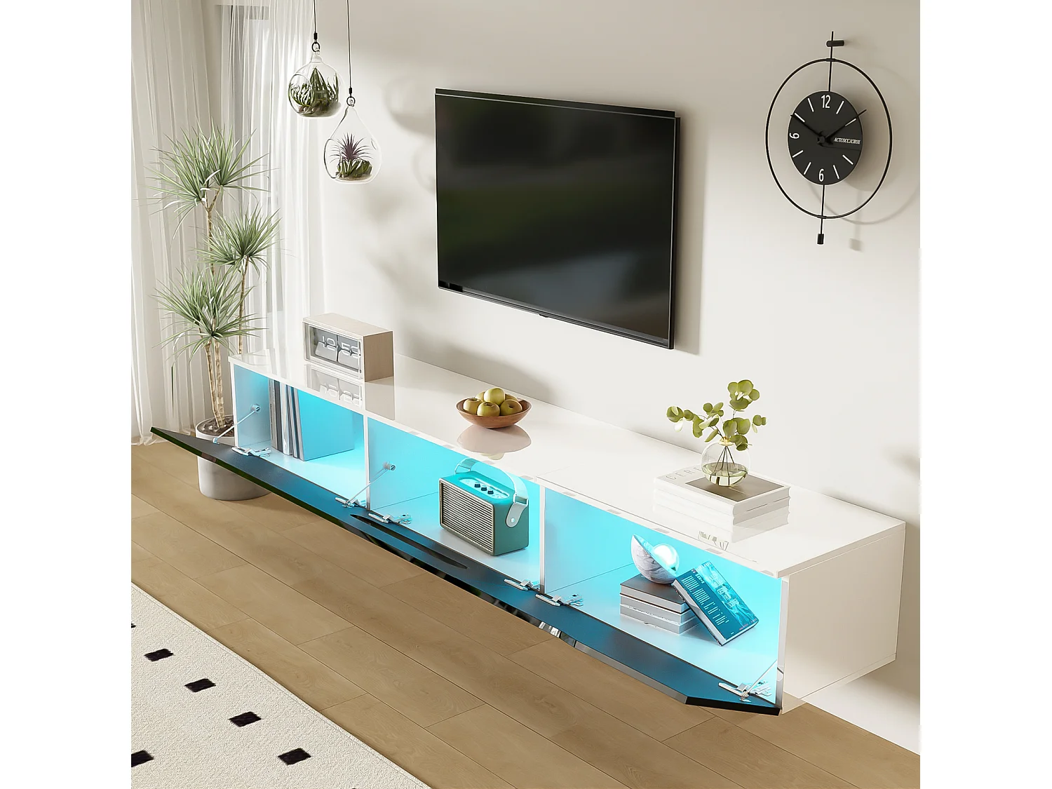 Soporte de TV flotante, soporte de TV con LED, soporte de TV con 3 puertas batientes, negro y blanco
