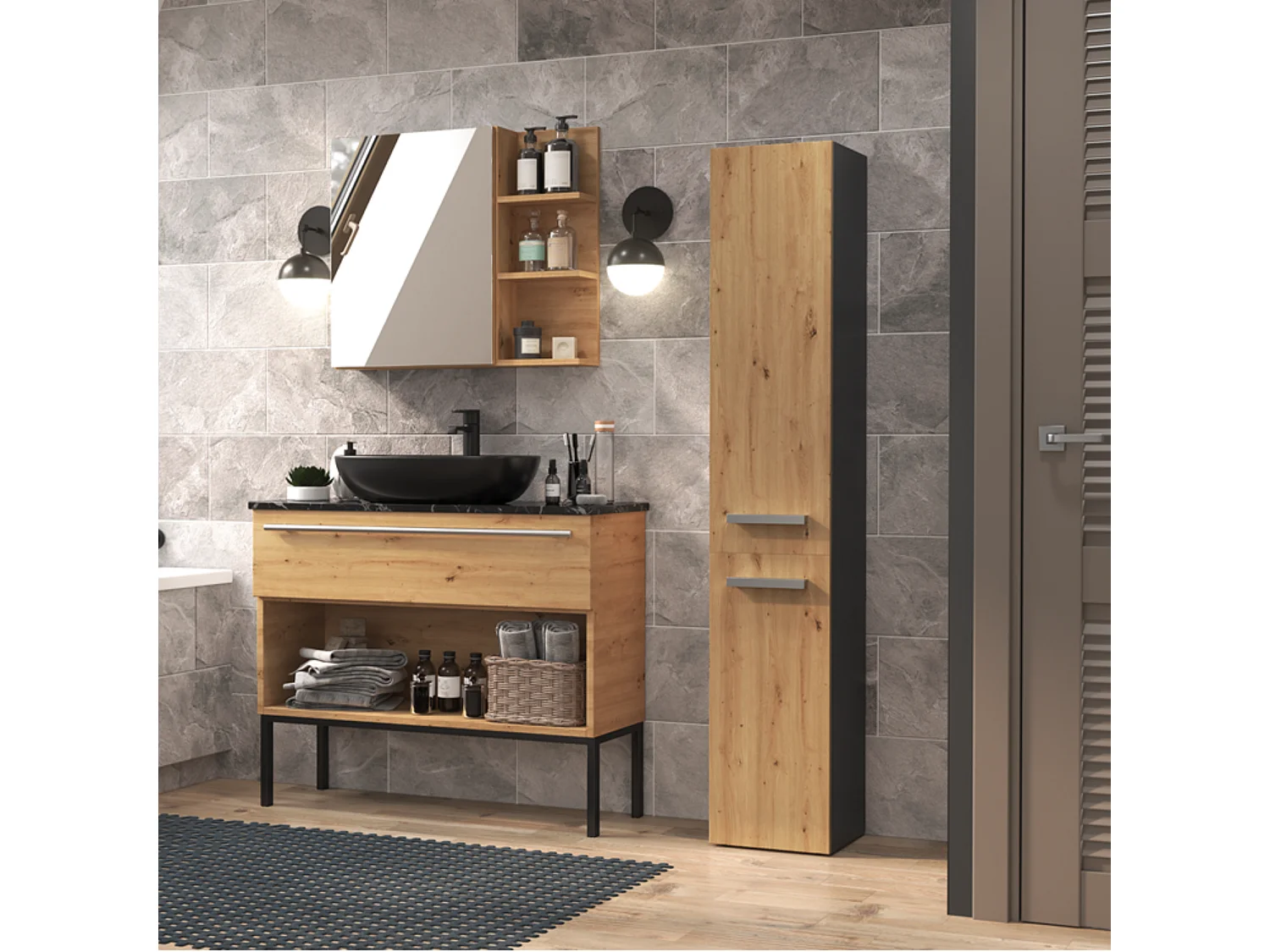 Meuble de salle de bain, Anthracite / Chêne Artisan, 30 x 174 x 30 cm