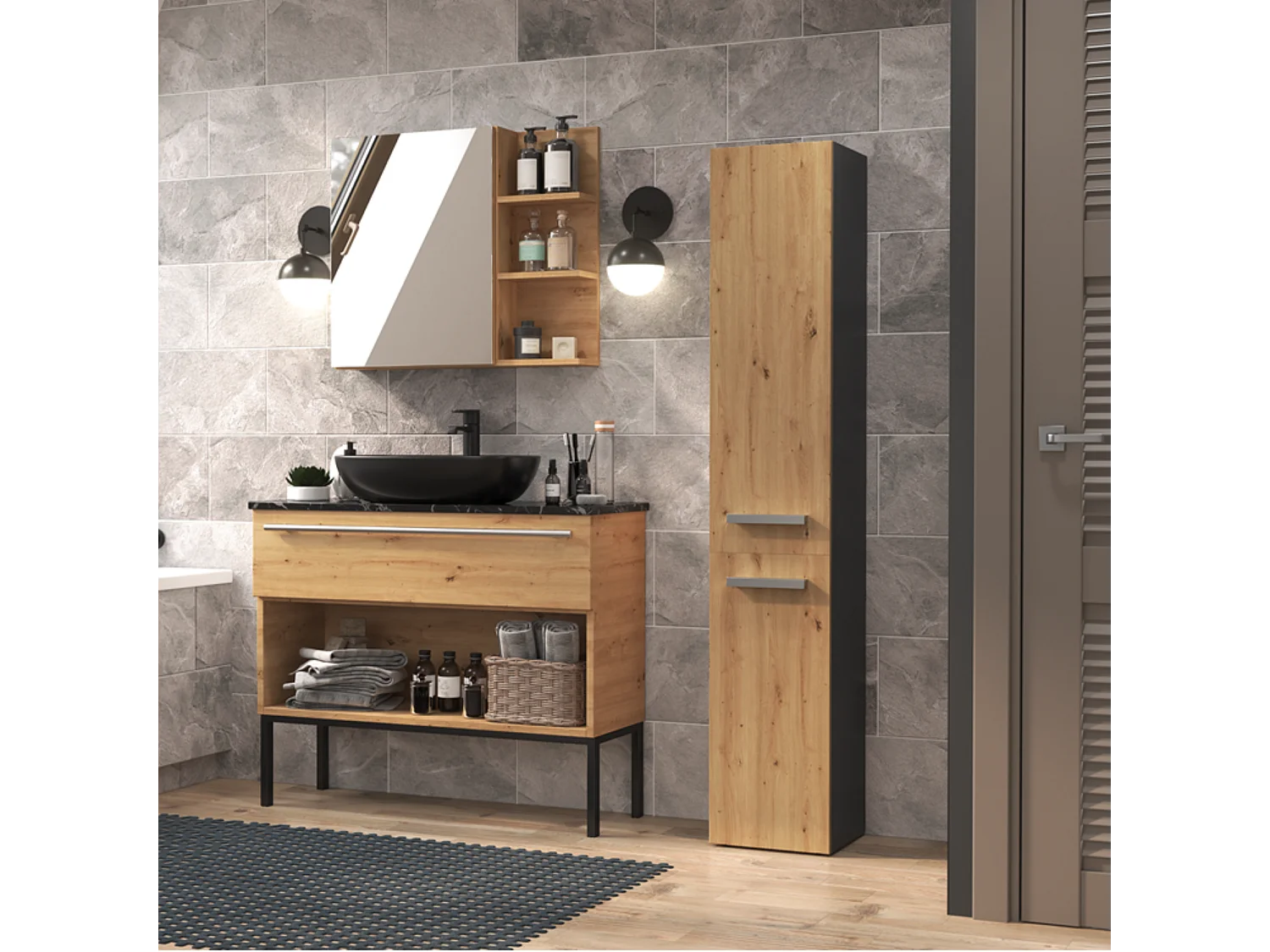 Meuble de salle de bain, Anthracite / Chêne Artisan, 30 x 174 x 30 cm