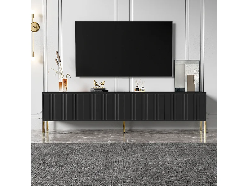 Móvel de TV 190x38x48cm - Móvel com 4 Portas, Pés de Mesa Dourados, Design de Porta Ranhurada, Preto