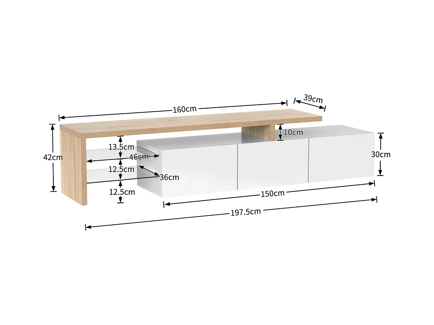 Mueble TV 197,5 x 39 x 42 cm con LED multicolor, mueble TV con compartimentos y 3 cajones, color blanco