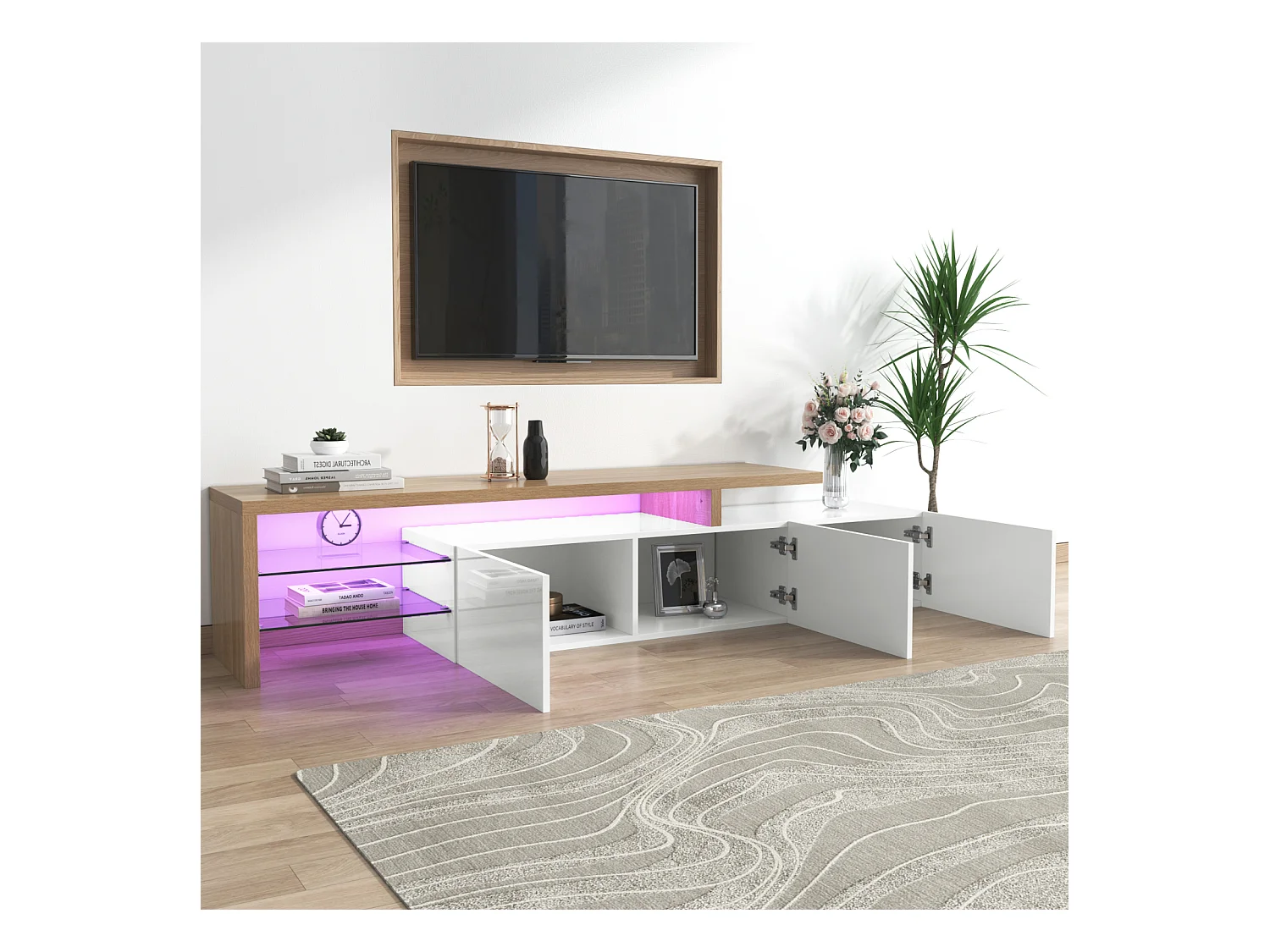 Mueble TV 197,5 x 39 x 42 cm con LED multicolor, mueble TV con compartimentos y 3 cajones, color blanco