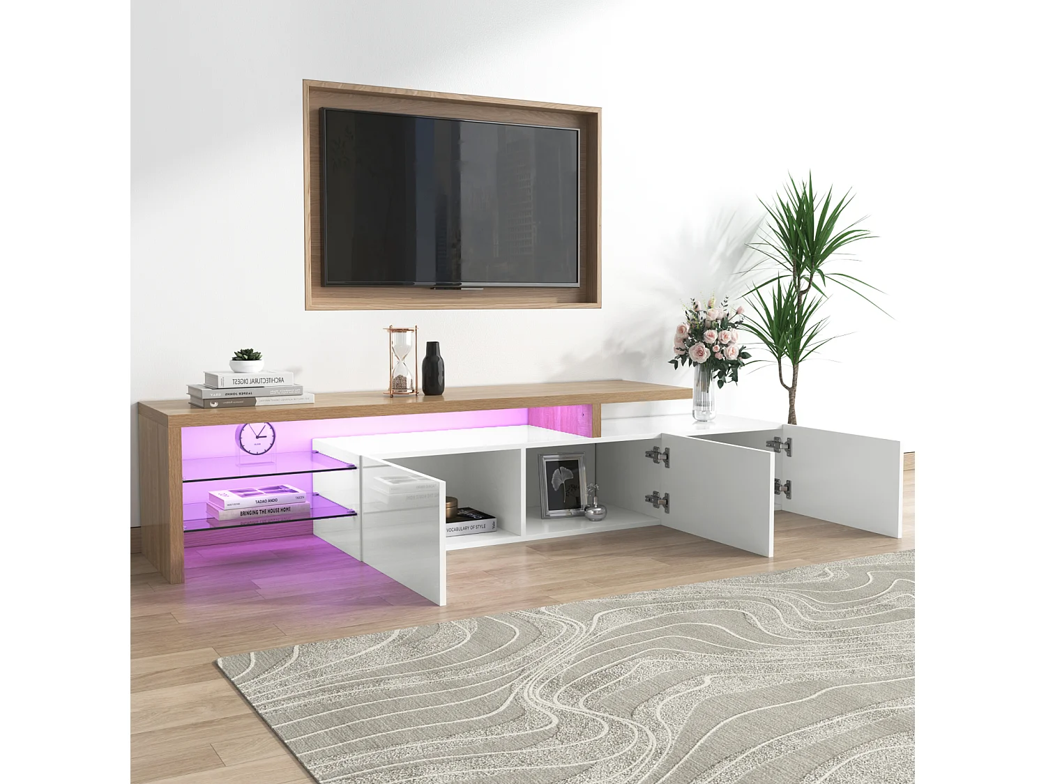 Meuble TV 197,5 x 39 x 42 cm avec LED Multicolores, Meuble TV avec Compartiments et 3 tiroirs,blanc