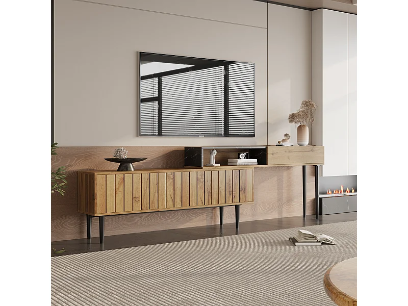 Support TV avec design en marbre et grain de bois, pieds en fer, 180 x 36,5 x 58 cm, bois foncé