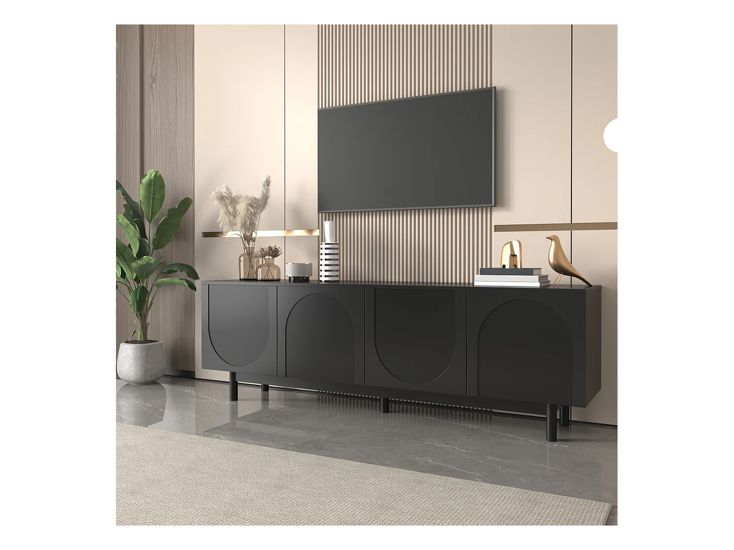 Meuble TV 175 cm, Armoire de Télévision avec 4 Portes Sans Poignées et Tablettes Réglables, noir
