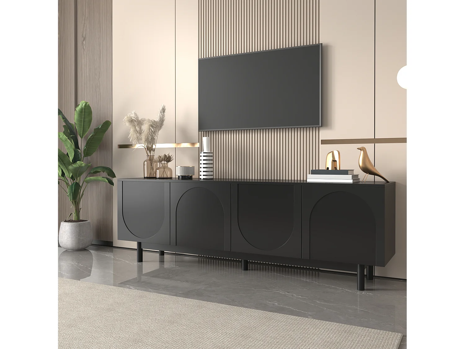 Meuble TV 175 cm, Armoire de Télévision avec 4 Portes Sans Poignées et Tablettes Réglables, noir