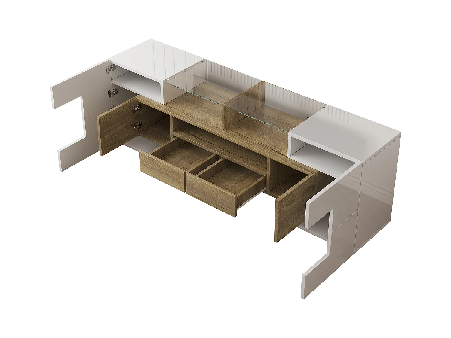 Mueble de TV moderno de alto brillo con LED, 4 puertas y 2 cajones, espacio de almacenamiento abierto, blanco