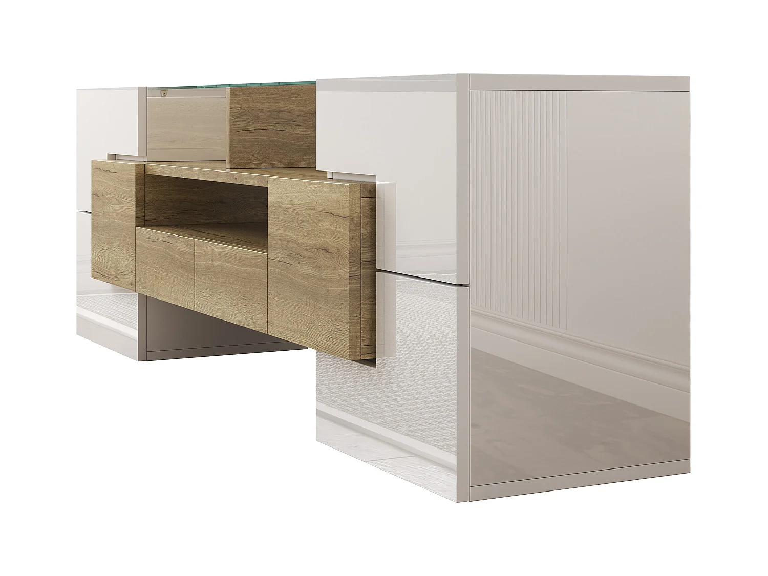 Mueble de TV moderno de alto brillo con LED, 4 puertas y 2 cajones, espacio de almacenamiento abierto, blanco