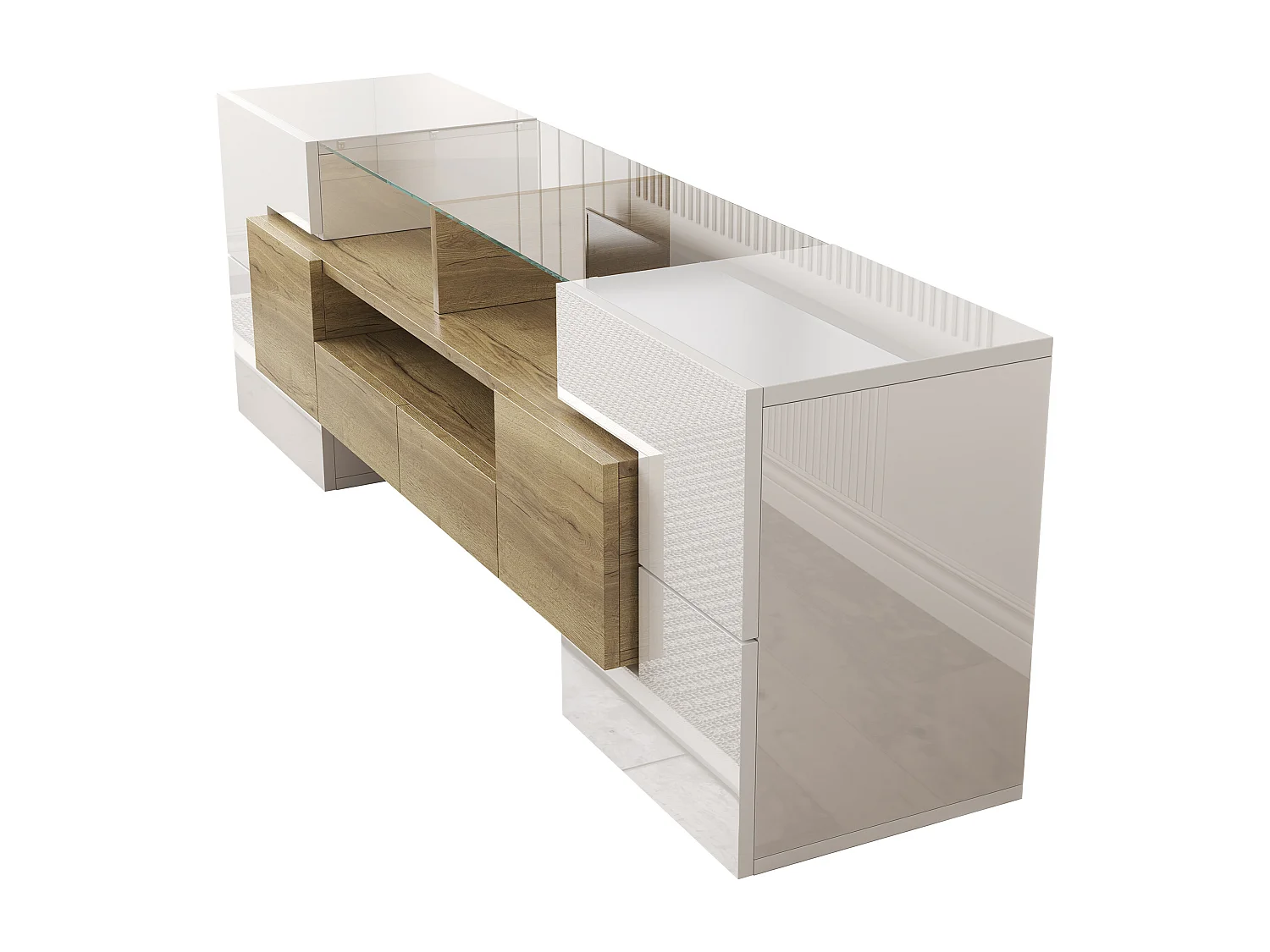 Suporte de TV moderno de alto brilho com LED, 4 portas e 2 gavetas, armazenamento aberto, branco