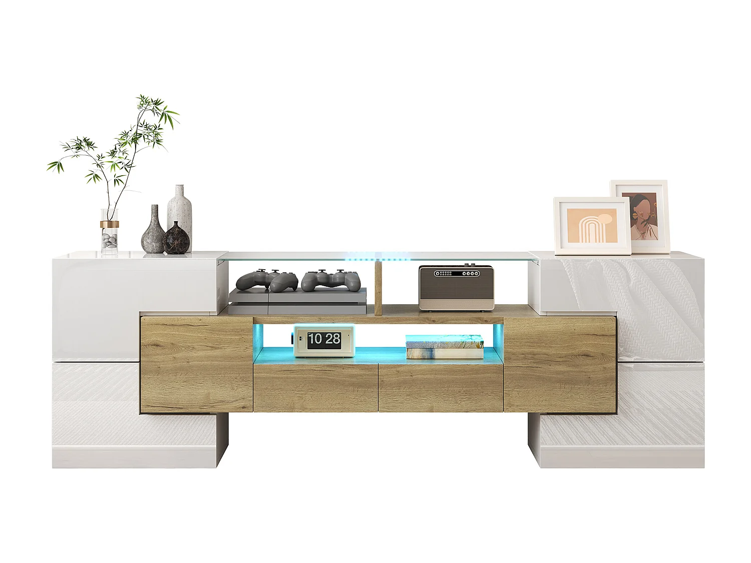 Suporte de TV moderno de alto brilho com LED, 4 portas e 2 gavetas, armazenamento aberto, branco