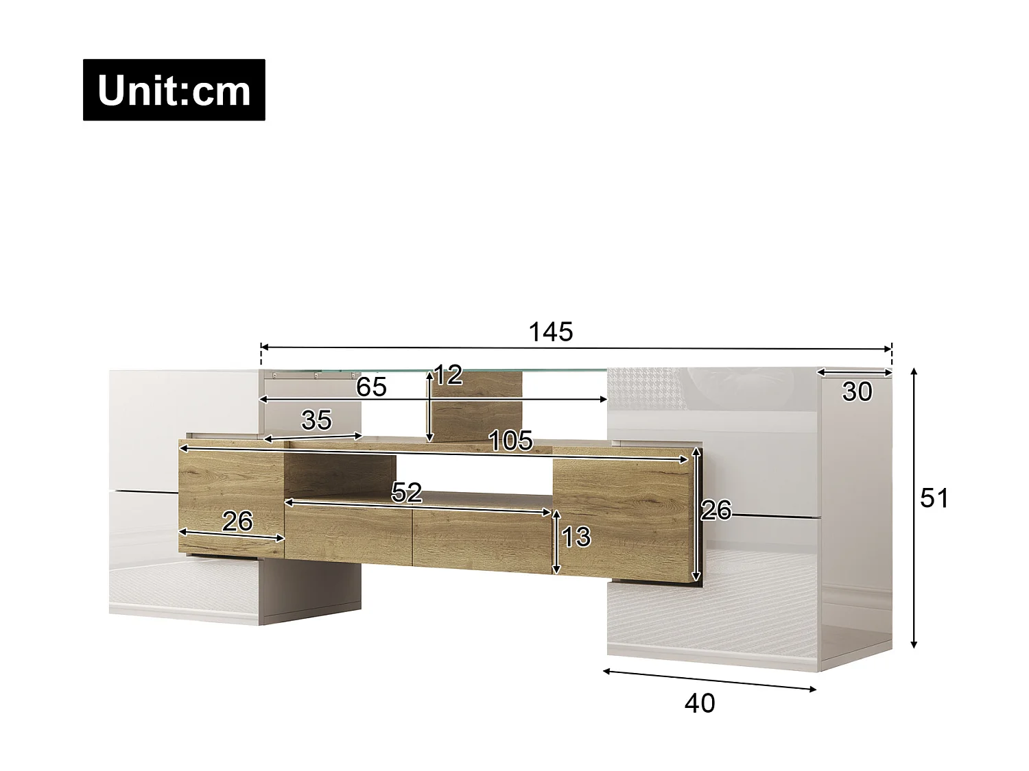 Suporte de TV moderno de alto brilho com LED, 4 portas e 2 gavetas, armazenamento aberto, branco