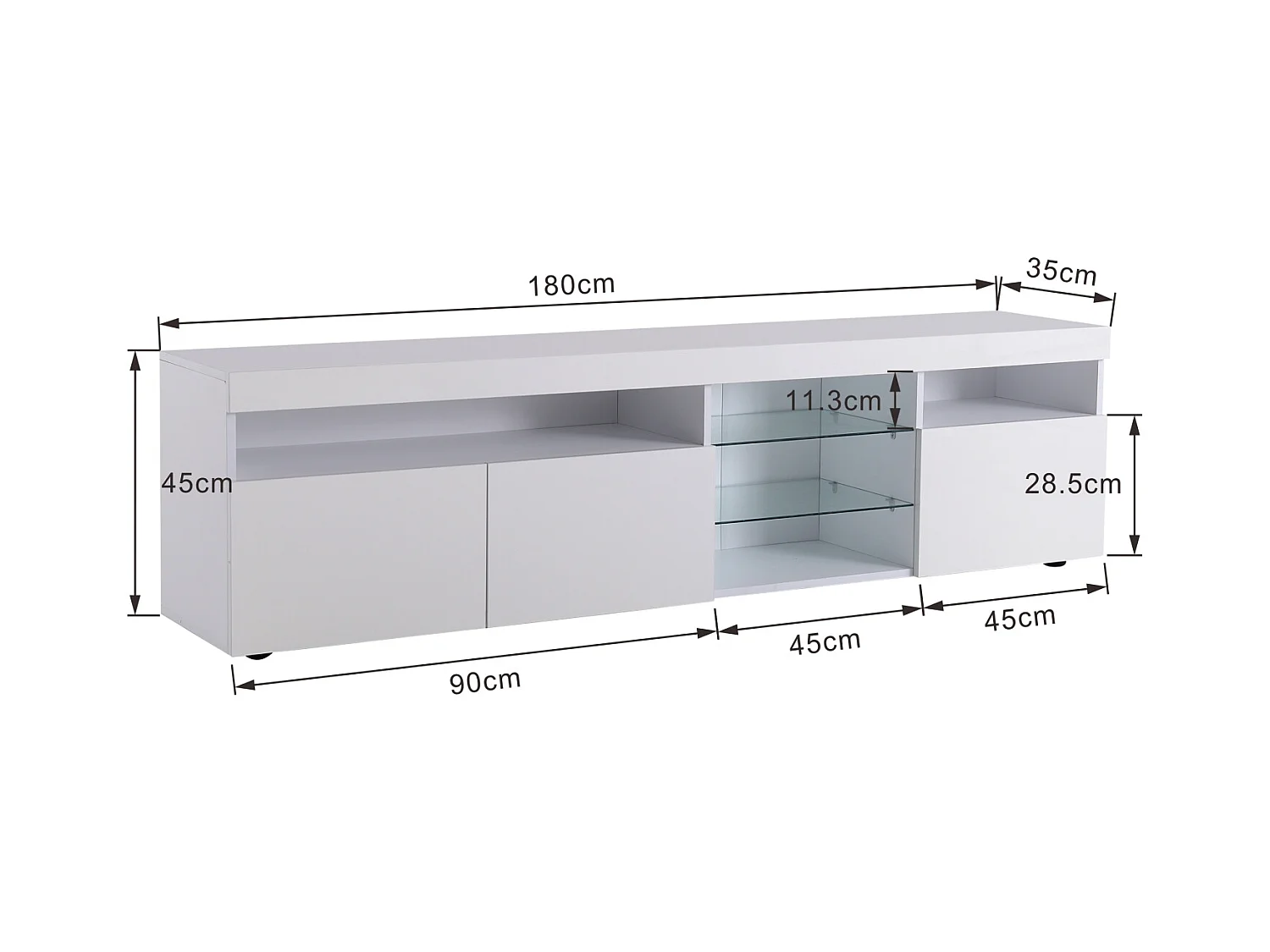 Meuble TV avec Rangement , 3 Portes et 2 étagères en Verre , Meuble TV avec LED Variable , Blanc