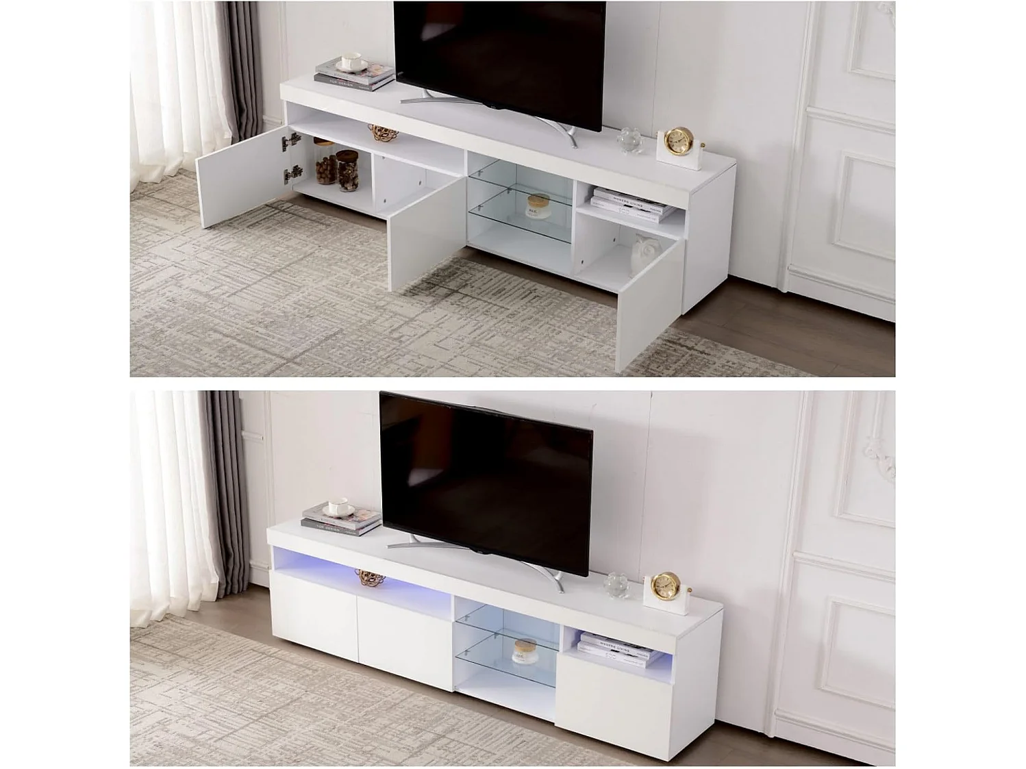 Meuble TV avec Rangement , 3 Portes et 2 étagères en Verre , Meuble TV avec LED Variable , Blanc