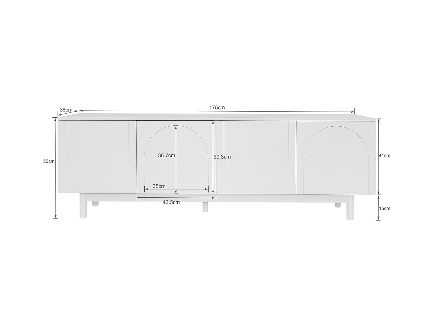 Mueble de TV blanco con 4 puertas y divisores ajustables, 175 x 38 x 56 cm