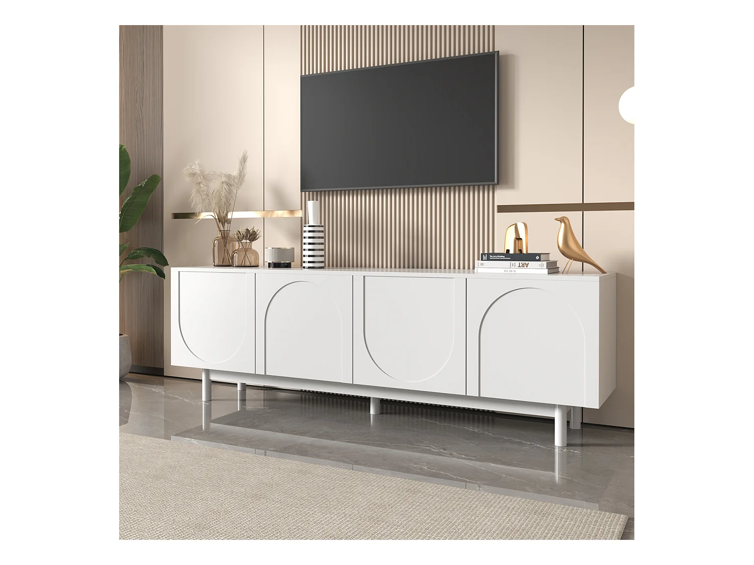 Meuble TV Blanc avec 4 Portes Meuble télé Meuble de Rangement avec séparateurs réglables,175x38x56cm