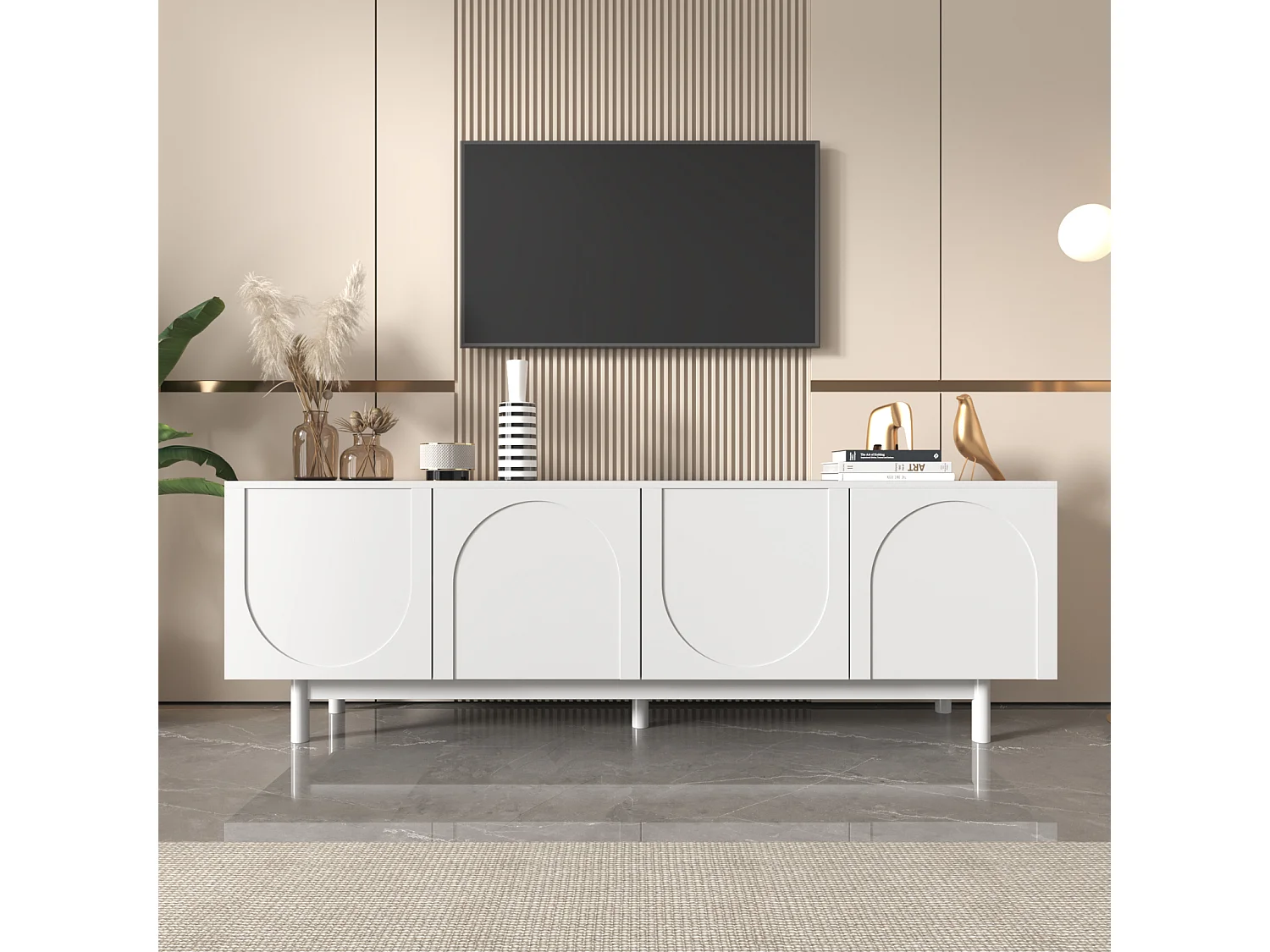 Móvel de TV branco com 4 portas, unidade de armazenamento com divisórias ajustáveis, 175 x 38 x 56 cm