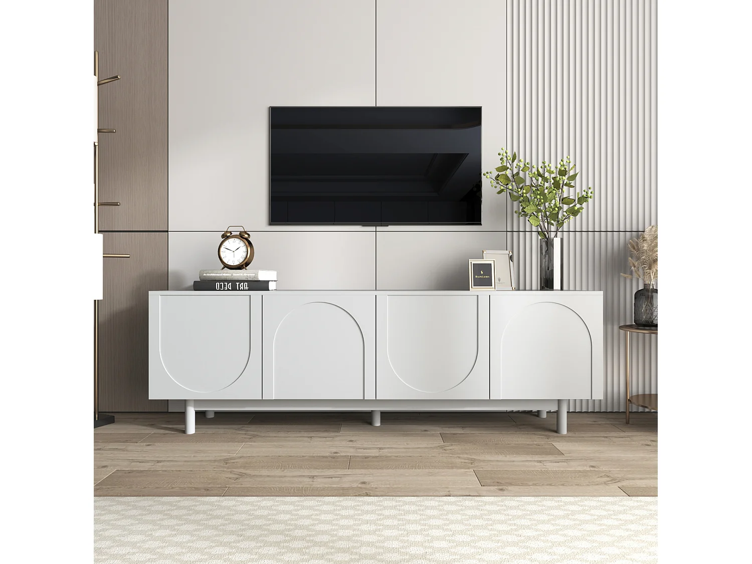 Mobile porta TV bianco con 4 ante, mobile porta TV, mobile contenitore con divisori regolabili, 175x38x56cm