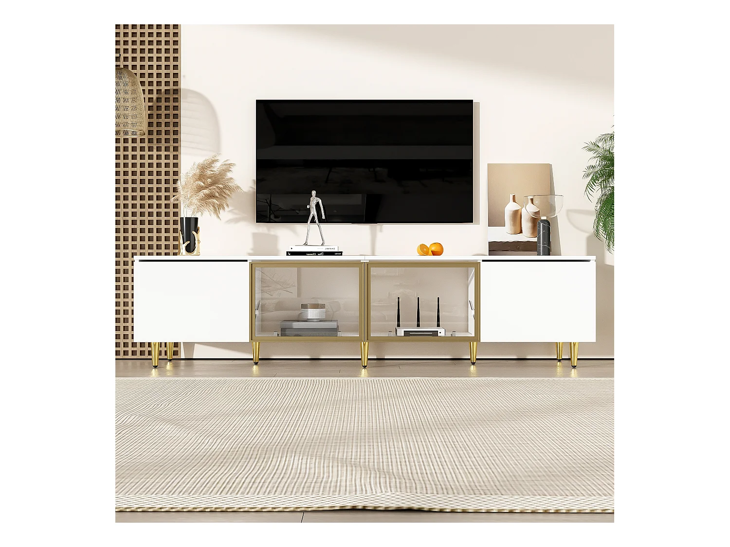 Mueble TV bajo con 2 puertas de cristal y 2 puertas de madera - Con patas doradas - Blanco
