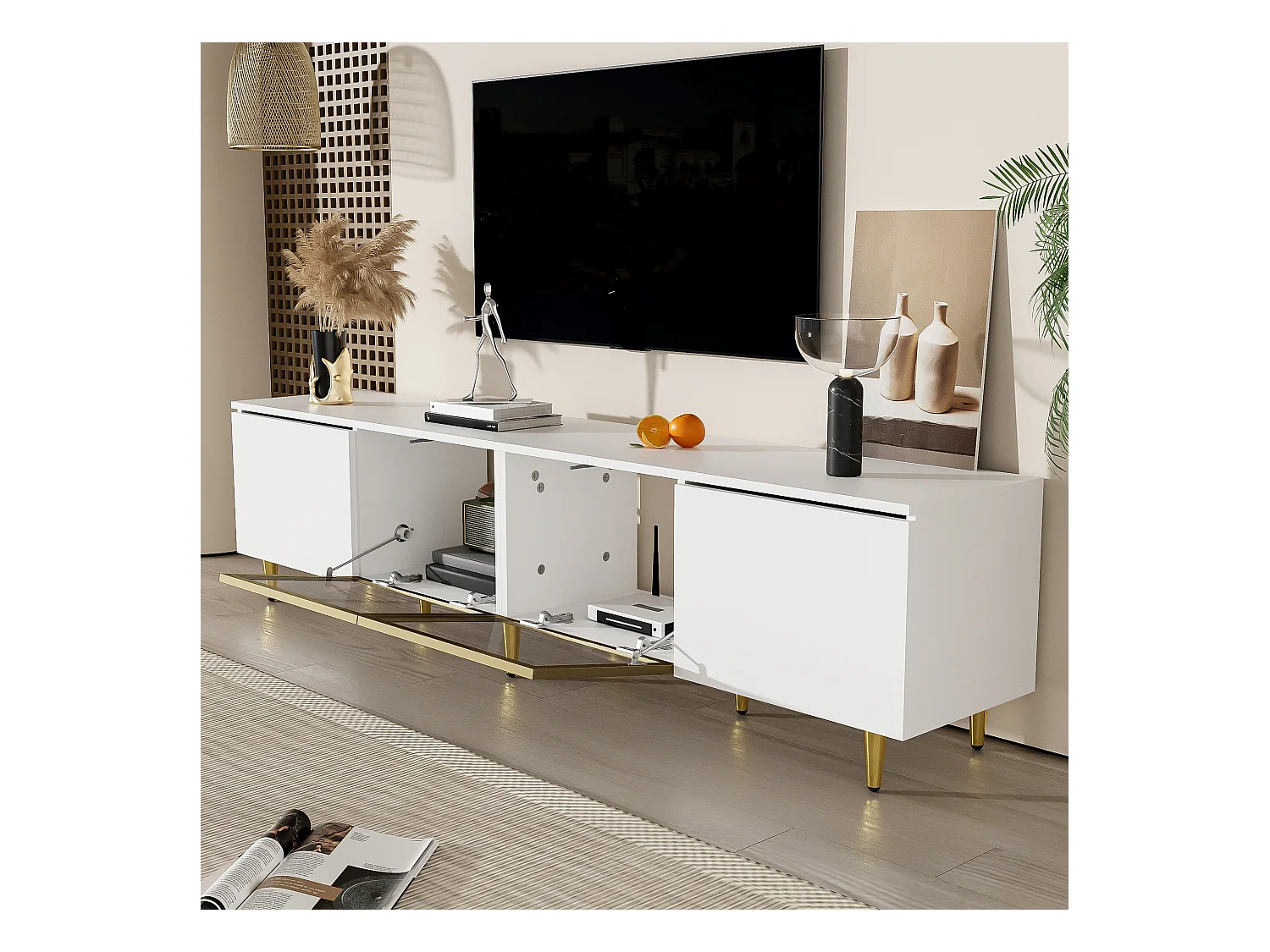 Mueble TV bajo con 2 puertas de cristal y 2 puertas de madera - Con patas doradas - Blanco