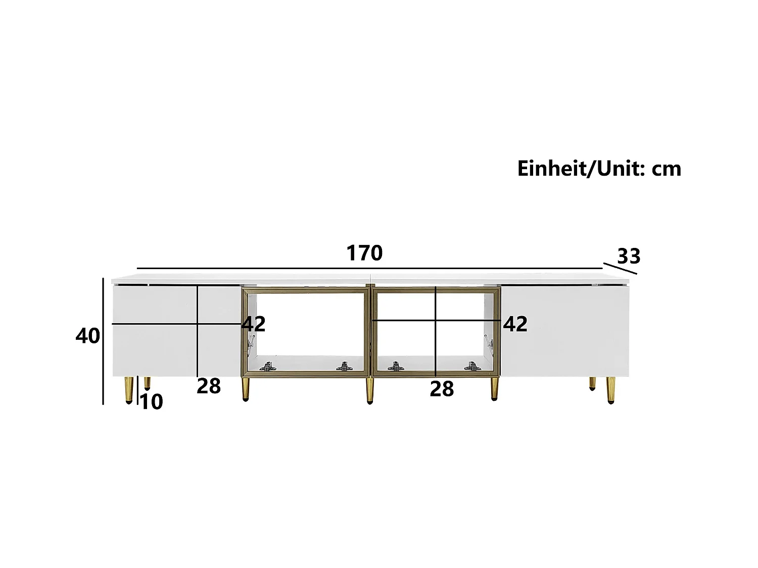 Mueble TV bajo con 2 puertas de cristal y 2 puertas de madera - Con patas doradas - Blanco