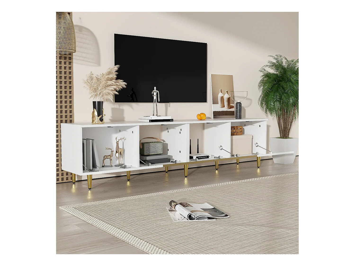 Mueble TV bajo con 2 puertas de cristal y 2 puertas de madera - Con patas doradas - Blanco