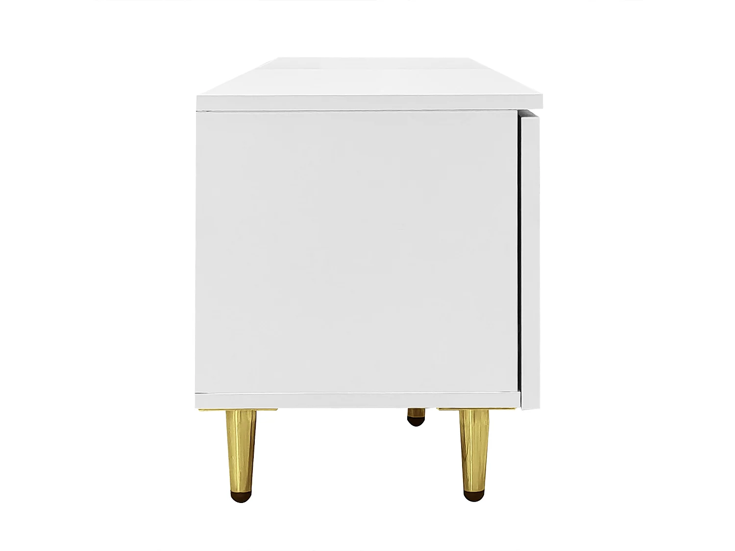 Meuble TV bas avec 2 portes en verre et 2 portes en bois - Avec pieds dorés - Blanc