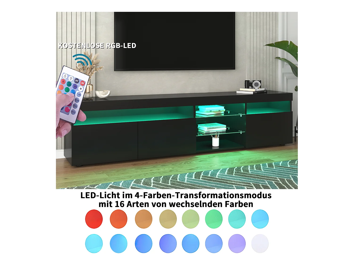 Meuble TV avec Rangement , 3 Portes et 2 étagères en Verre , Meuble TV avec LED Variable , noir