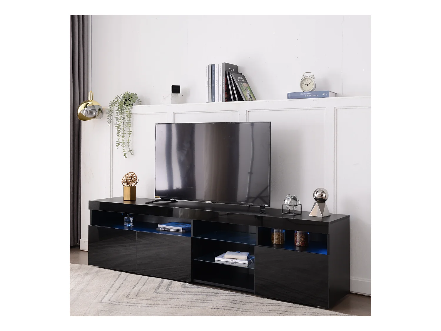 Meuble TV avec Rangement , 3 Portes et 2 étagères en Verre , Meuble TV avec LED Variable , noir