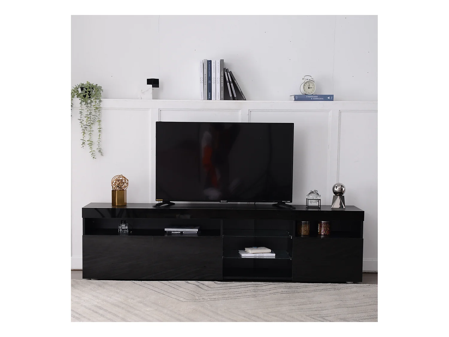 Meuble TV avec Rangement , 3 Portes et 2 étagères en Verre , Meuble TV avec LED Variable , noir