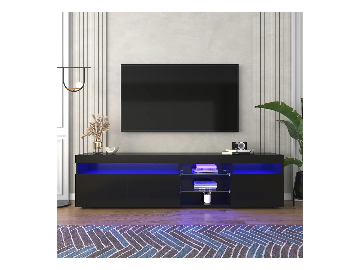 Mueble de TV con almacenaje, 3 puertas y 2 estantes de cristal, mueble de TV con LED variable, color negro