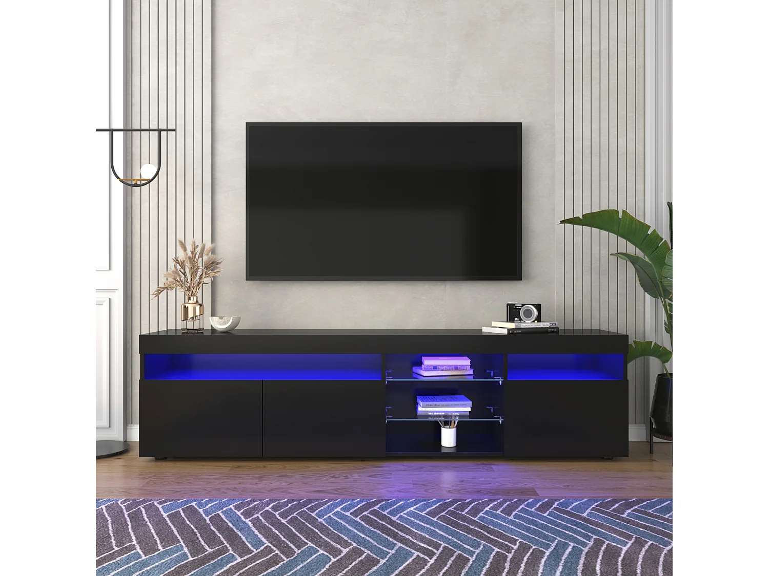 Móvel de TV com armazenamento, 3 portas e 2 prateleiras de vidro, Móvel de TV com LED variável, Preto