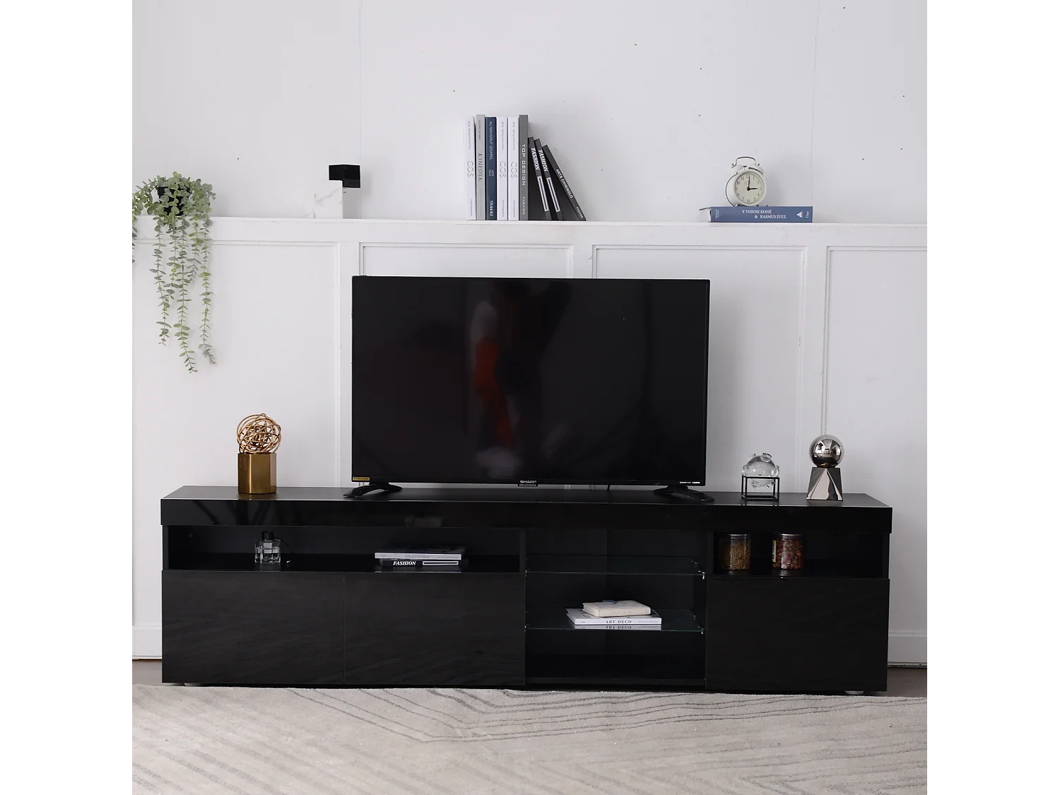 Móvel de TV com armazenamento, 3 portas e 2 prateleiras de vidro, Móvel de TV com LED variável, Preto