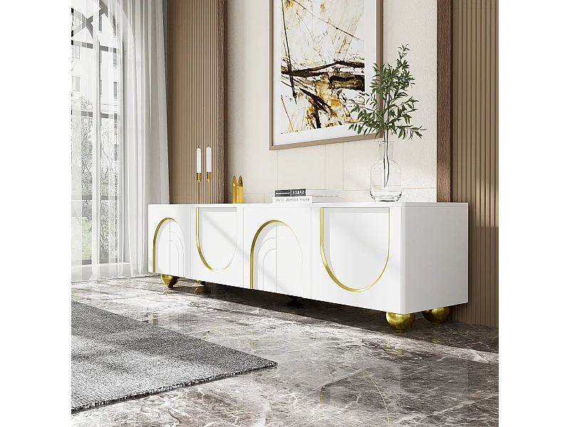Meuble TV, Meuble TV Moderne Blanc avec Rangement, Meubles Bas avec 4 Portes et Pieds Ronds dorés