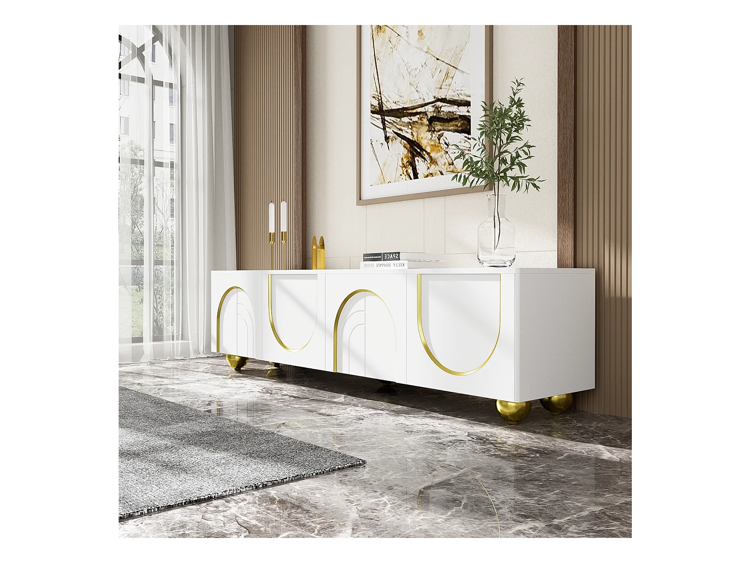 Mueble de TV moderno blanco con espacio de almacenamiento, armarios bajos con 4 puertas y patas redondas doradas.
