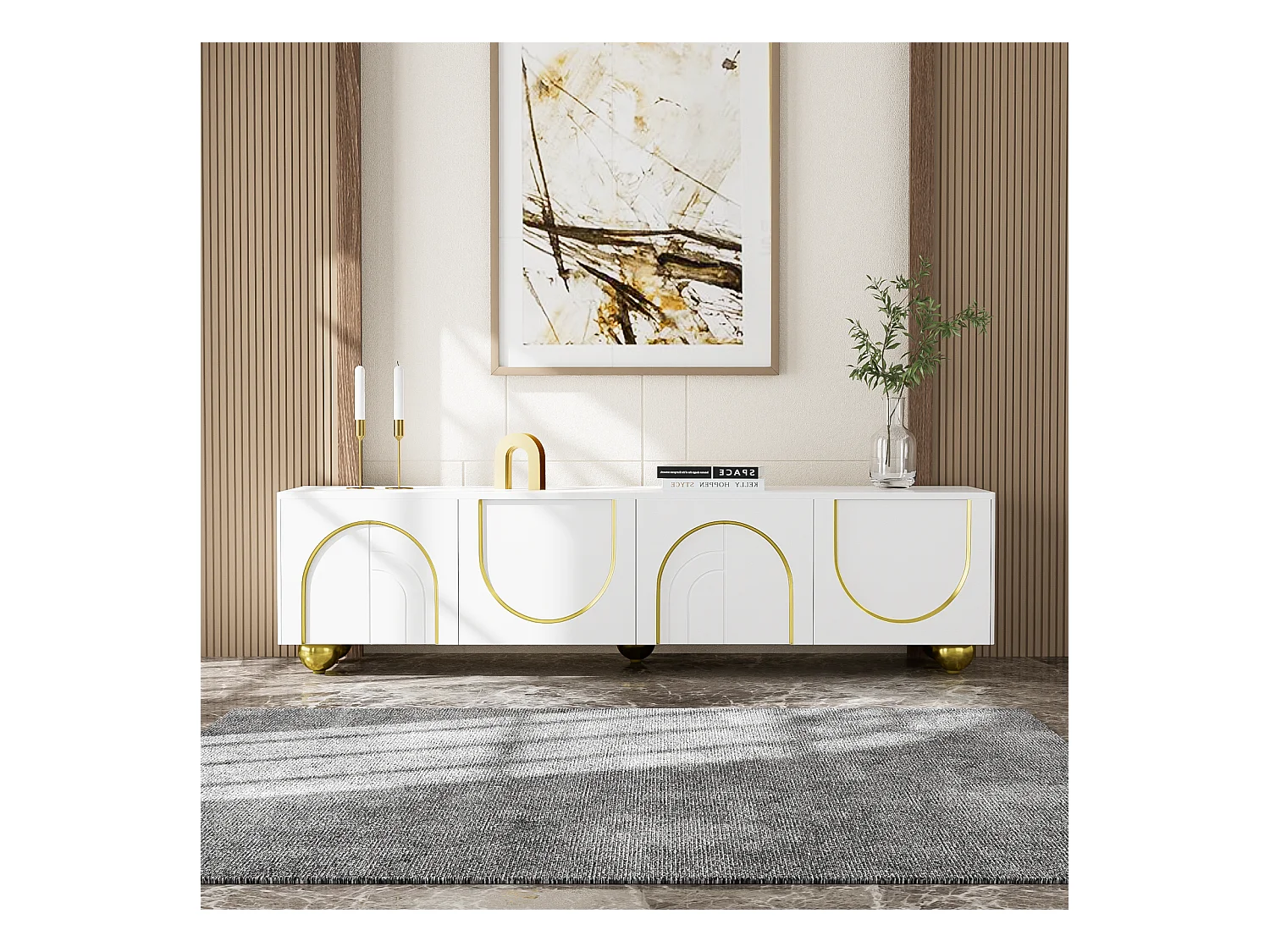 Mueble de TV moderno blanco con espacio de almacenamiento, armarios bajos con 4 puertas y patas redondas doradas.