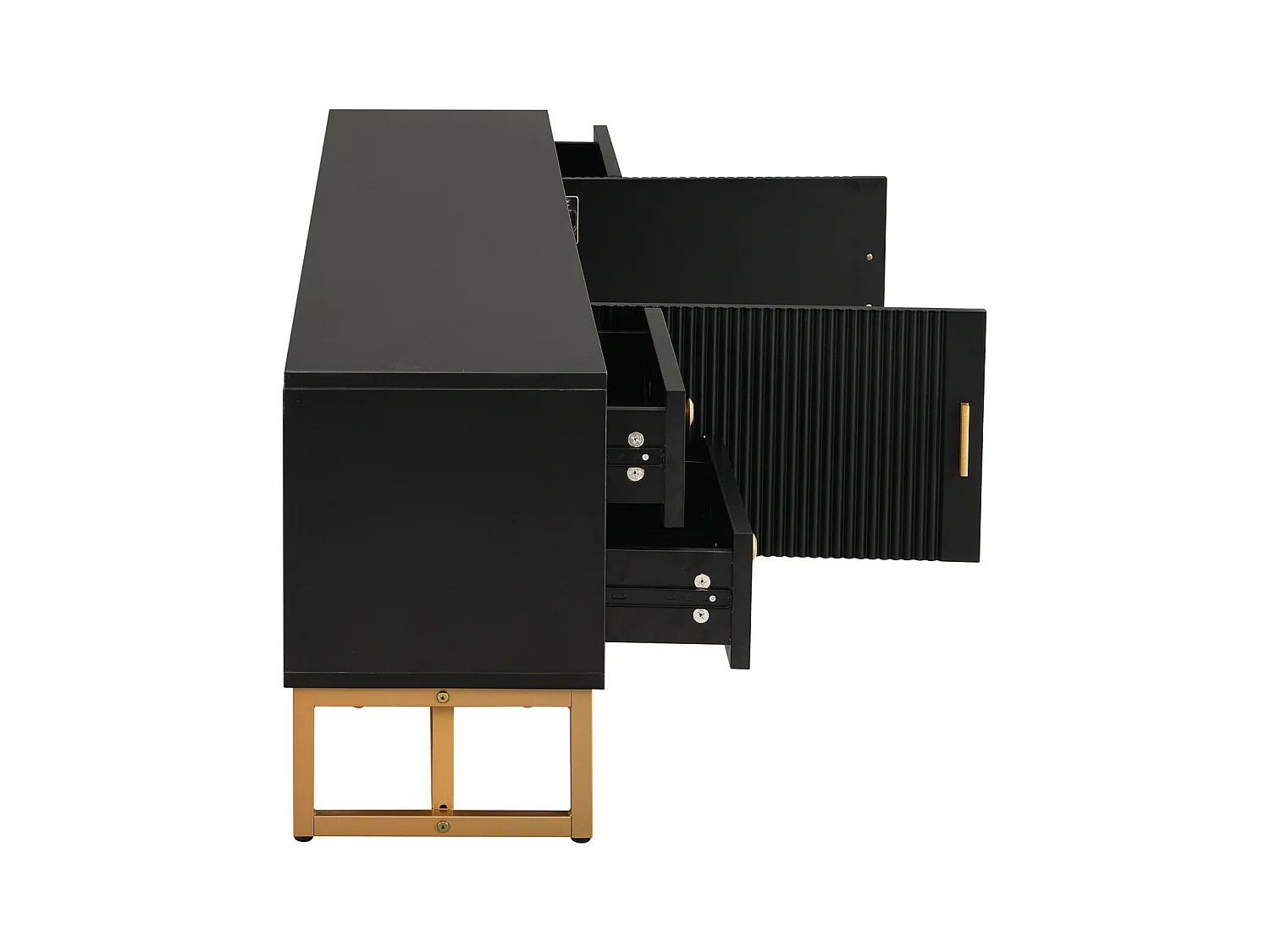 Meuble TV avec Rangement, 2 Portes et 4 Tiroirs, Meuble TV Bas, Pieds et poignées dorés, noir
