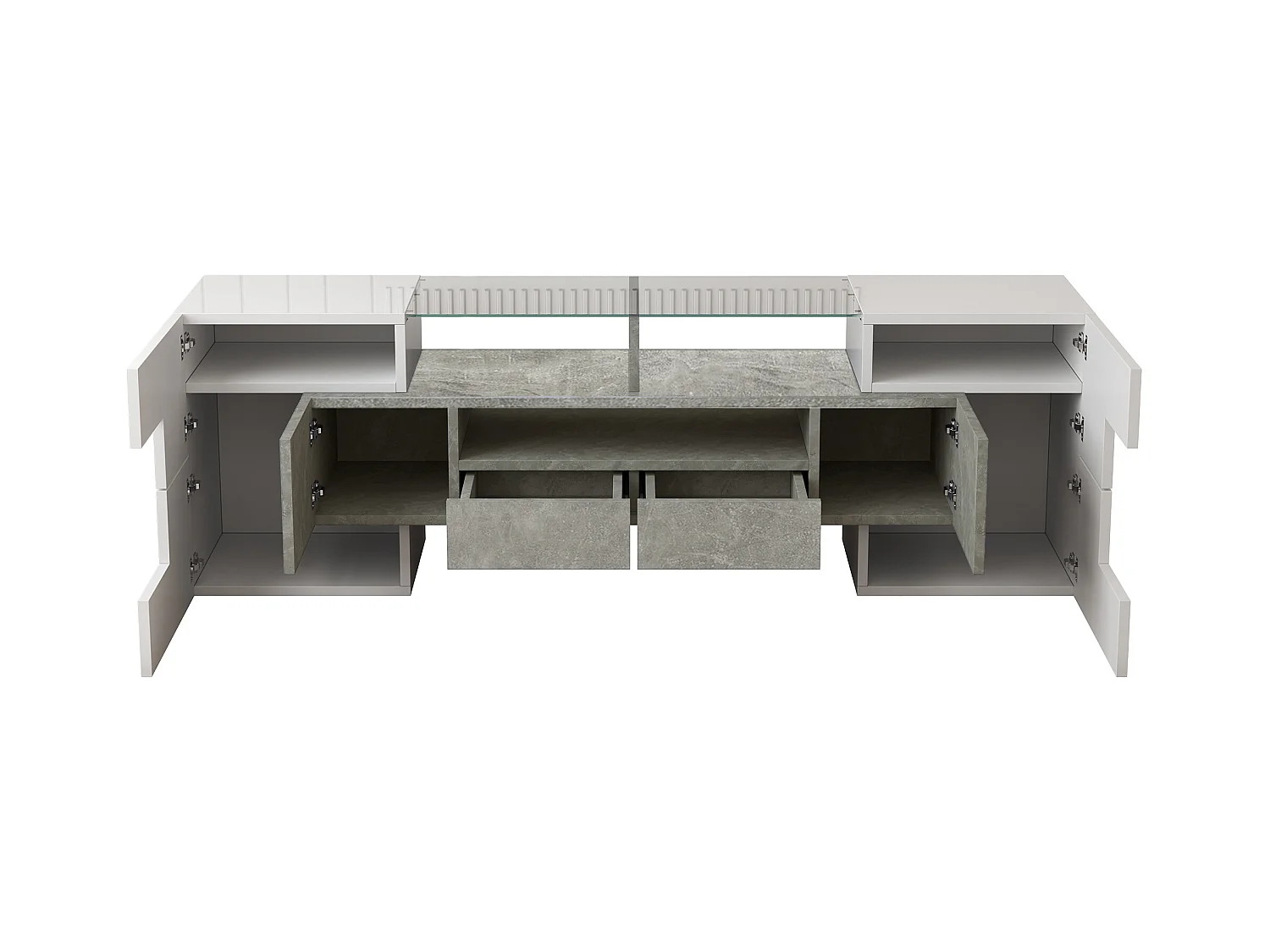 Mueble de TV moderno de alto brillo con LED, 4 puertas y 2 cajones, almacenamiento abierto, hormigón