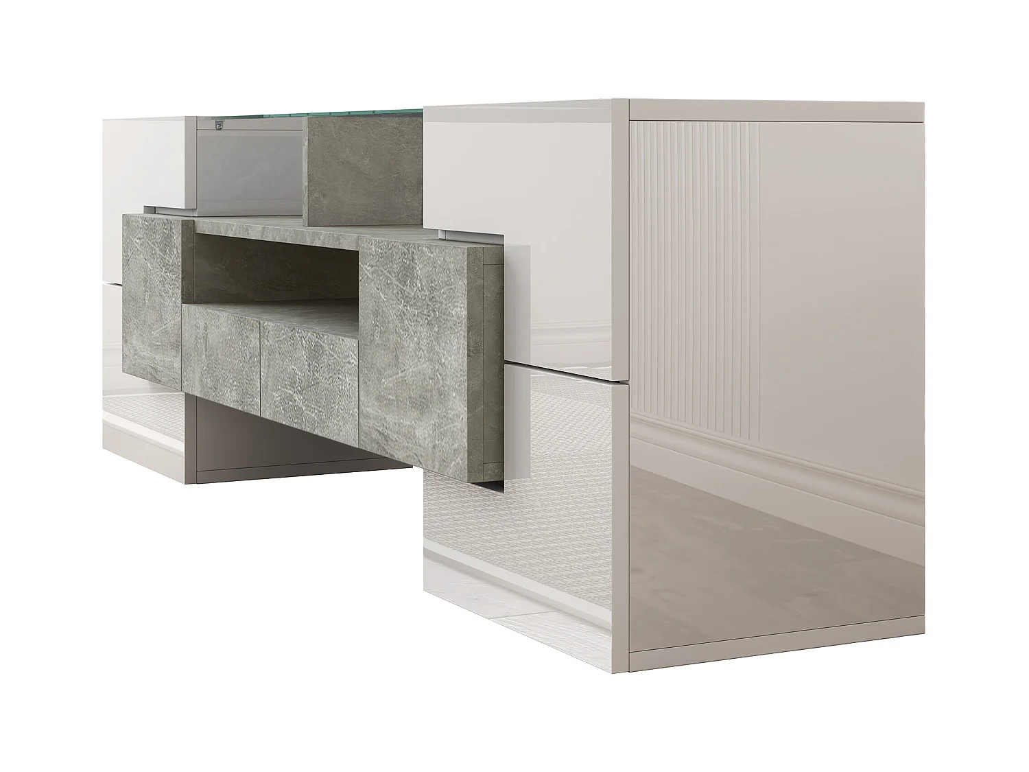 Mueble de TV moderno de alto brillo con LED, 4 puertas y 2 cajones, almacenamiento abierto, hormigón