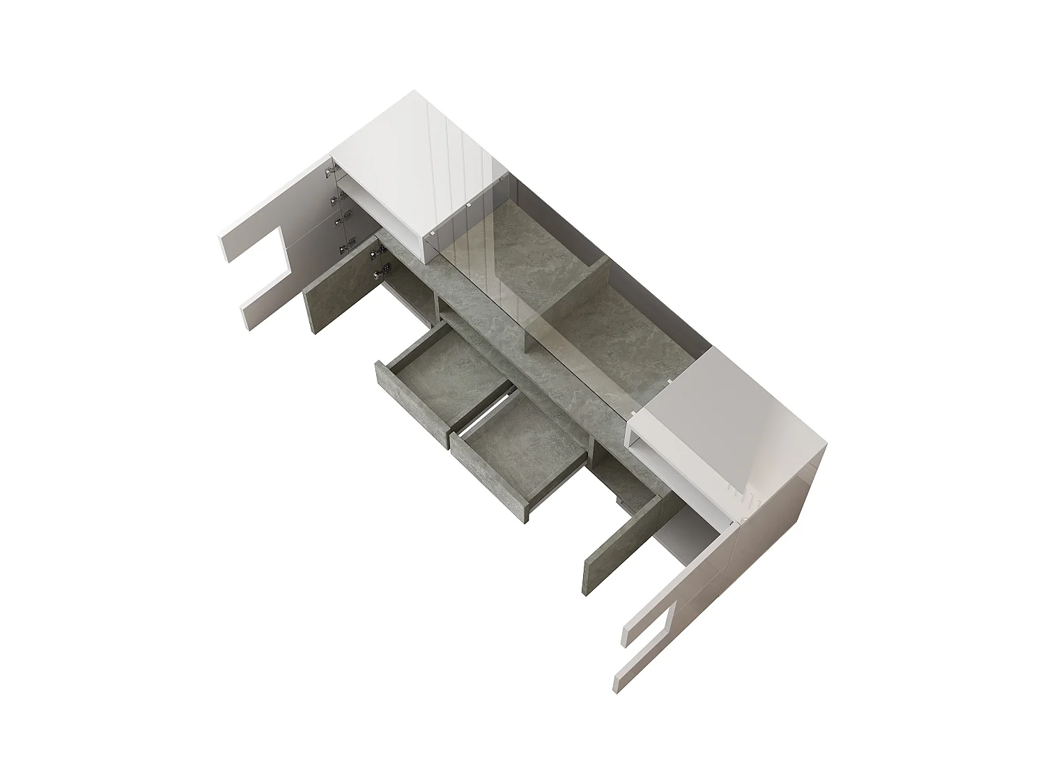 Mueble de TV moderno de alto brillo con LED, 4 puertas y 2 cajones, almacenamiento abierto, hormigón