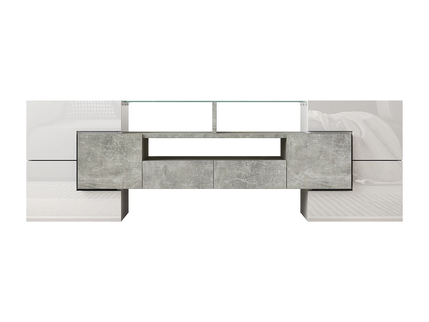 Moderne Banc TV Haute Brillance avec LED, 4 Portes e 2 Tiroirs Meuble Télé, Rangement Ouvert, Béton