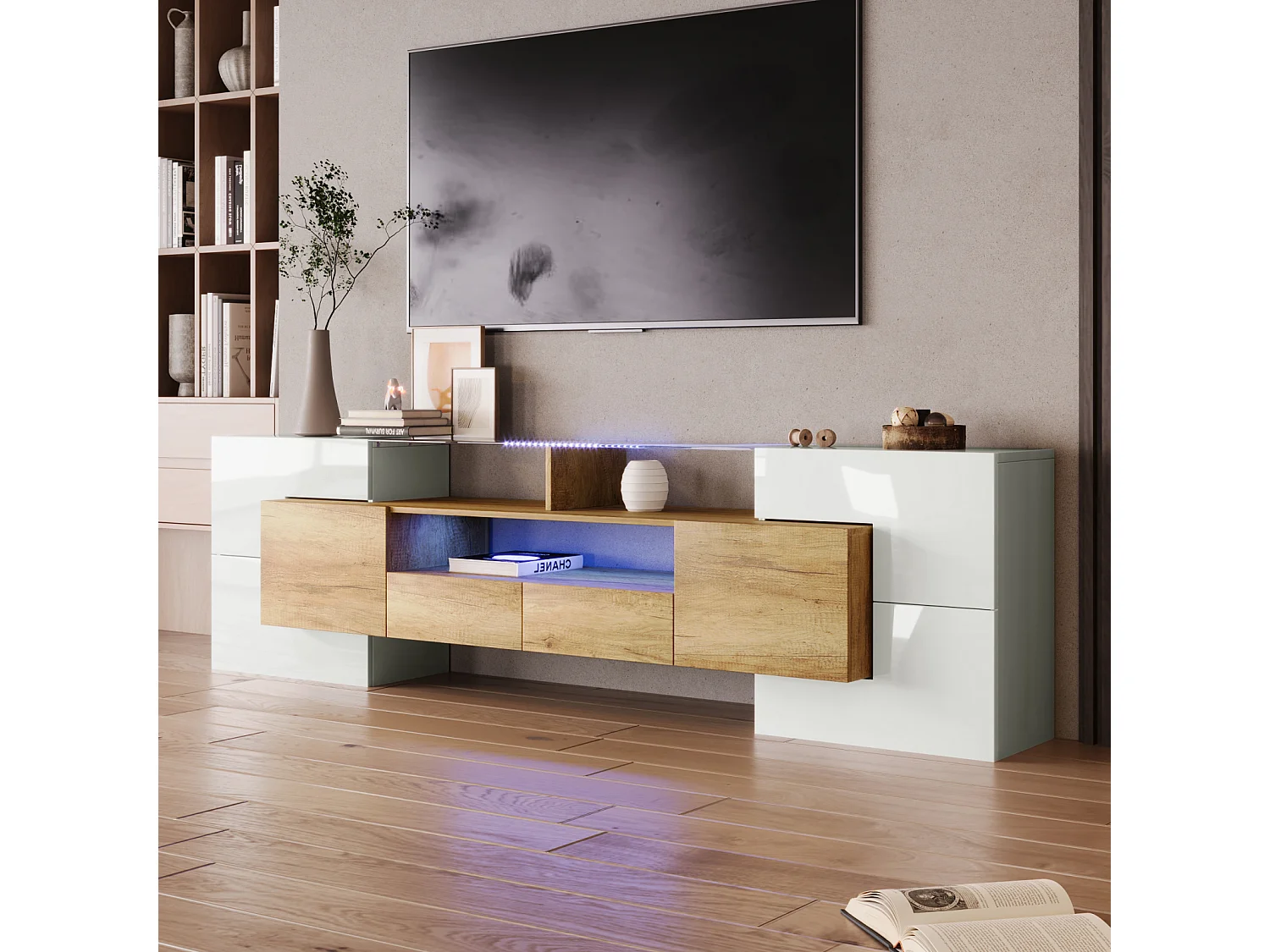 Meuble TV Blanc Brillant 200 X 30 X 60.7 cm, Deux Tiroirs, 6 Portes, Éclairage LED Meuble De Salon