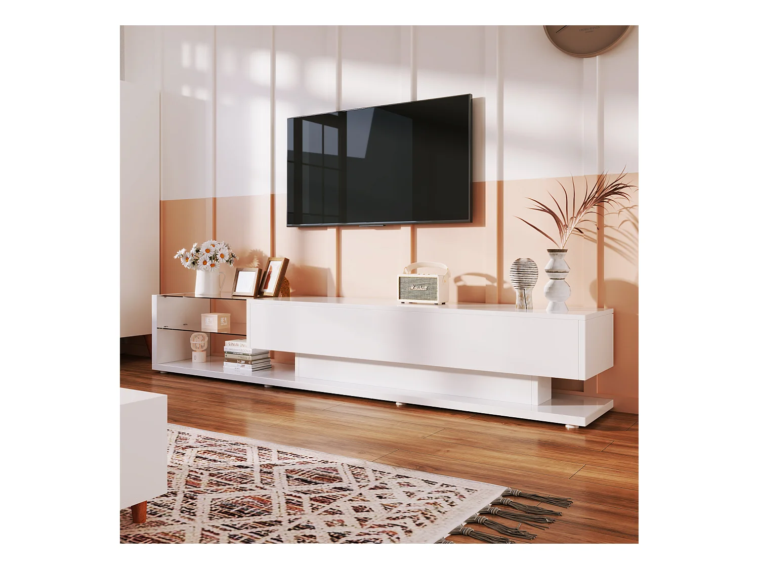 Armoire TV moderne avec lampes LED, meuble TV avec 2 tiroirs et étagères en verre, meuble bas, blanc