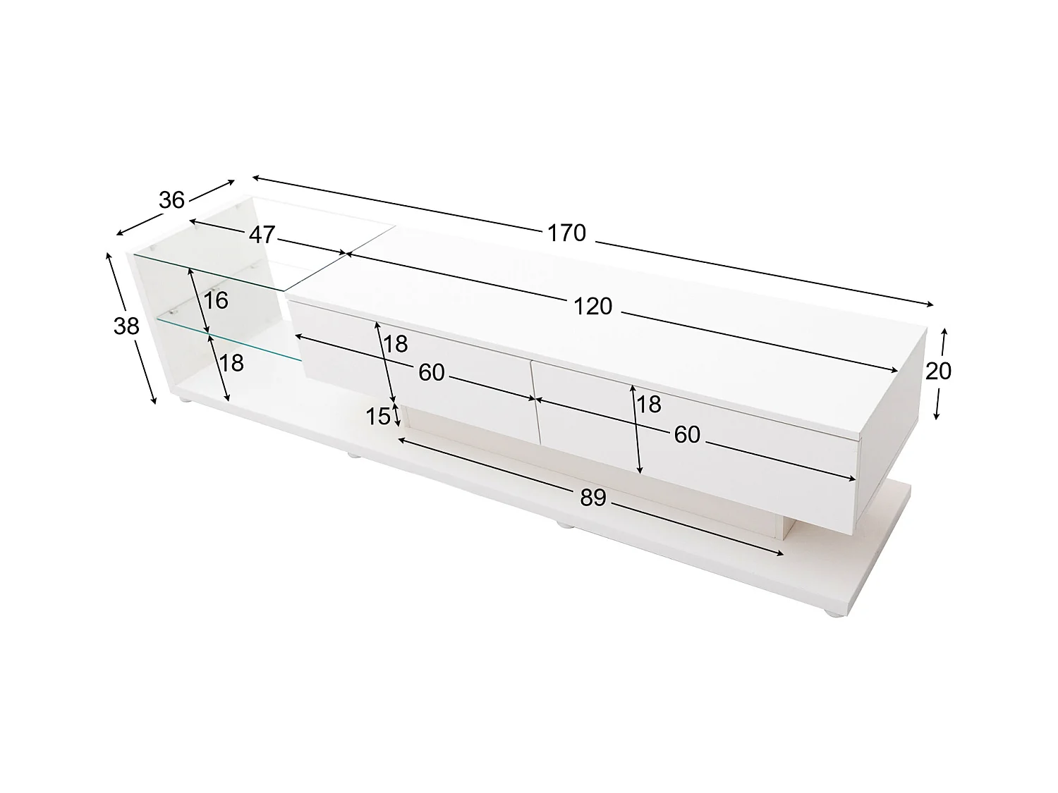 Armoire TV moderne avec lampes LED, meuble TV avec 2 tiroirs et étagères en verre, meuble bas, blanc