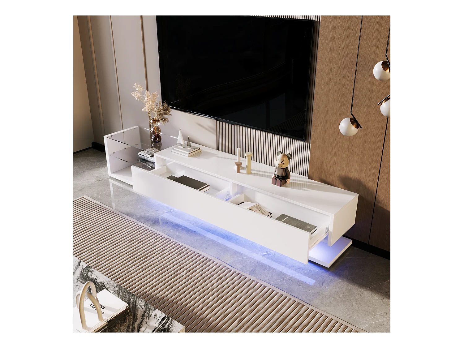 Armoire TV moderne avec lampes LED, meuble TV avec 2 tiroirs et étagères en verre, meuble bas, blanc