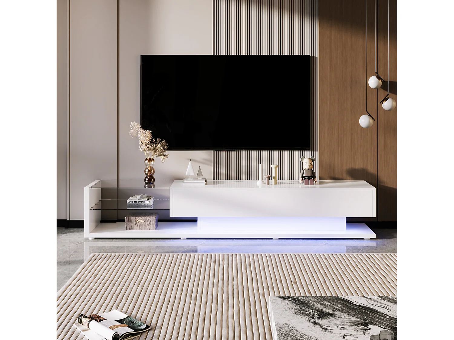 Armoire TV moderne avec lampes LED, meuble TV avec 2 tiroirs et étagères en verre, meuble bas, blanc