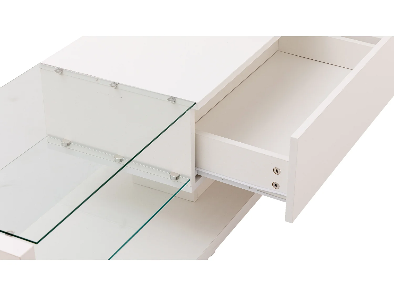 Armoire TV moderne avec lampes LED, meuble TV avec 2 tiroirs et étagères en verre, meuble bas, blanc